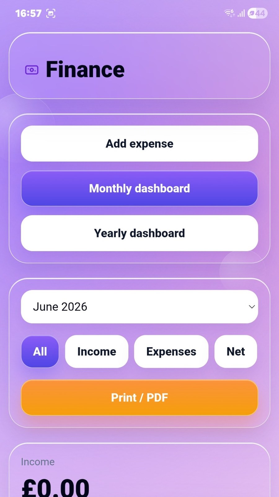 Real MopBook finance screen showing income and expenses